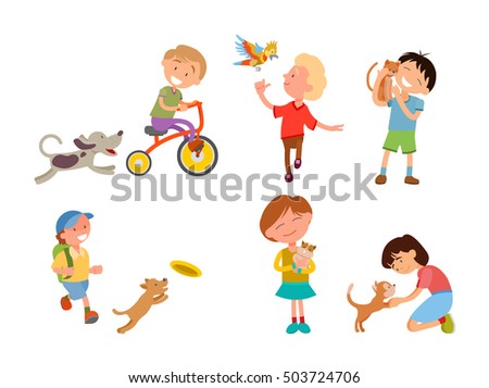 Children playing with their pets, vector illustration. Kids with dog, cat, parrot, cavy