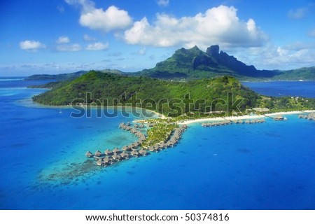 Aerial View of Bora Bora with overwater Bungalows. Royalty-Free Stock Photo #50374816