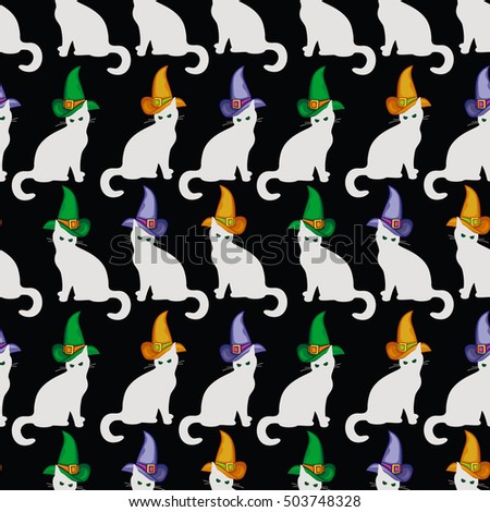 Seamless pattern with a cat in witch hat. Raster clip art.
