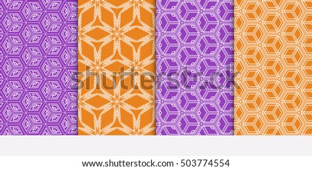 Seamless illusion cube patterns set. Vector illustration. Texture for design wallpaper, pattern fills, web page, banner, flyer. Geometry ornament. purple and orange color