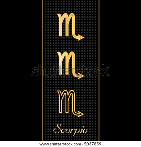 SCORPIO SYMBOLS, gold embossed zodiac icons in three styles for the astrology Water Sign, textured black background. EPS8 compatible.