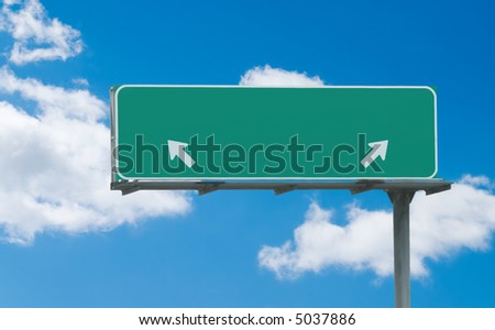 Typical green freeway sign with two arrows pointing in opposite directions ready for custom text