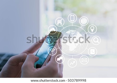 Man using smartphone with various kind of icon, internet of things conceptual