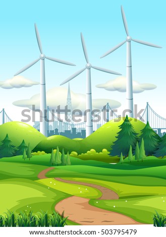 Scene with wind towers in the park illustration