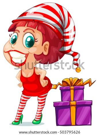 Woman in red and christmas presents illustration