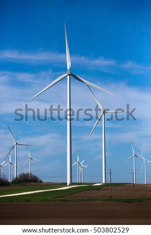 Green meadow with wind turbines generating electricity. Picture of many wind turbines on field. Green energy concept.