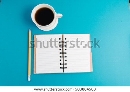 Creative header design mockup set of workspace desk with coffee and notebook with copy space background