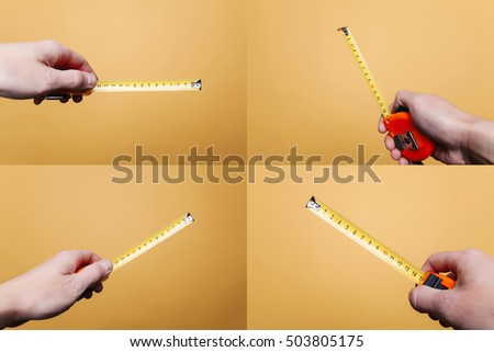 Set of hand with construction tape measure over yellow background