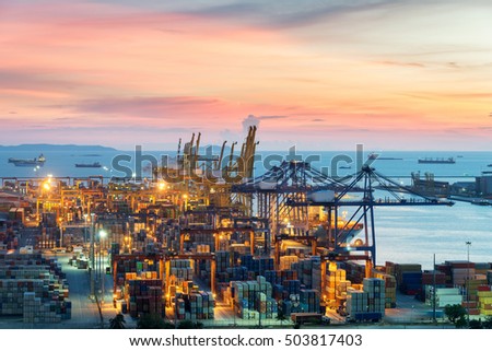Aerial view of Laem chabang cargo container port in evening use for logistics, import, export background Royalty-Free Stock Photo #503817403