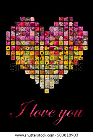 Heart, love, collage of colorful flowers, greeting card for birthday and Valentine's Day, Christmas and New Year, for the favorite, wedding flowers