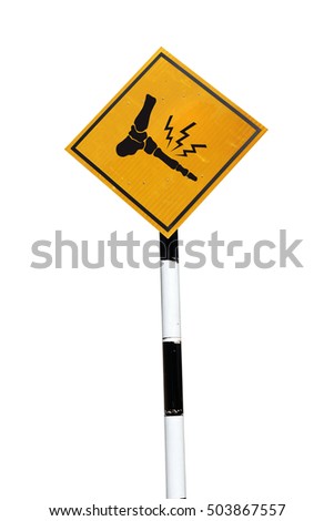 An isolated cutout of a signboard with an icon of a metatarsal feet bone with lightning bolt for the health concept: Caution of feet injury.