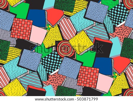 Seamless pattern with hand drawn abstract blocks and different textures. Colorful vector endless background