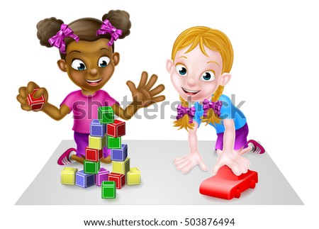 Cartoon girls playing with toys, with toy building blocks and a toy red car