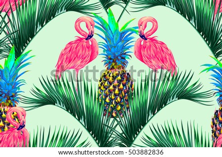 Pink flamingos, exotic birds, palm leaves, trees, pineapples, jungle, seamless vector floral tropical pattern, bright background Royalty-Free Stock Photo #503882836