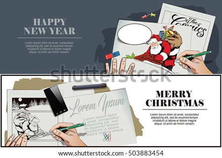 Stock illustration. People in retro style. Presentation template. Santa Claus with a bag of gifts climbs in pipe. Hand paints picture.