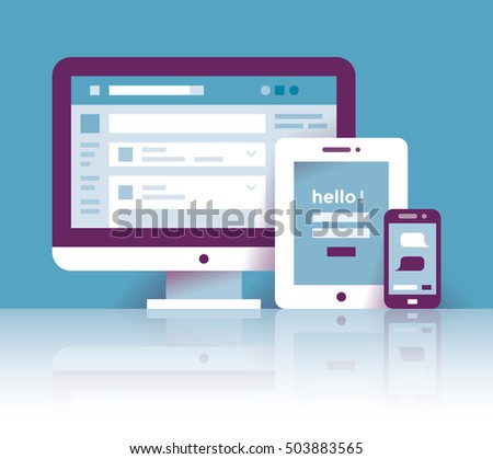Computer, tablet and mobile phone with social network internet page, welcome login screen and online messaging chat page. Idea - Social networking, online friendship and communication technologies.