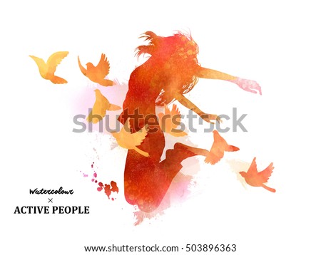 Watercolor jumping silhouette, young girl jumping with pigeons around her in watercolor style. Royalty-Free Stock Photo #503896363