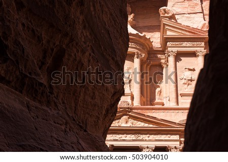View of top of the Treasury from inside the Siq, Petra, Jordan