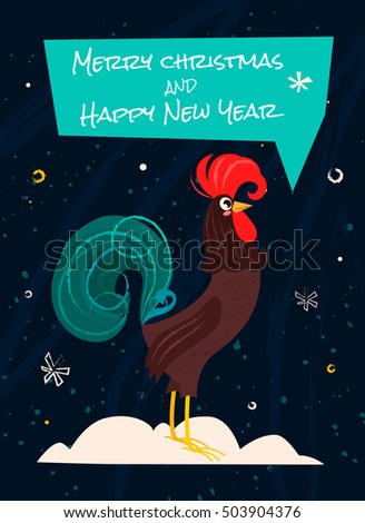 Greeting card with stylized rooster and snow. Vector illustration of rooster, symbol of 2017 on the Chinese calendar. Element for New Year's design. Cartoon character.