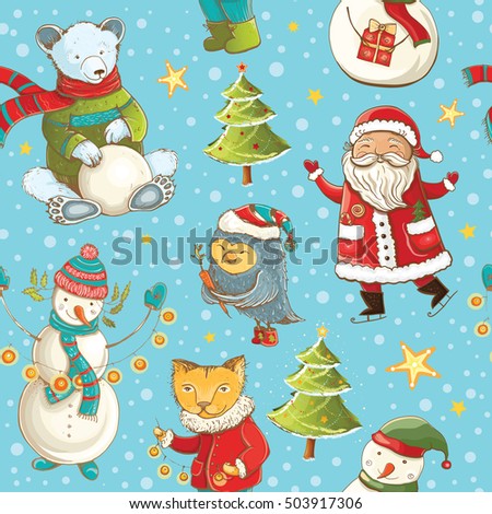 Seamless vector pattern with Santa Claus, snowman, christmas tree and cute animals. Tileable cartoon christmas background.