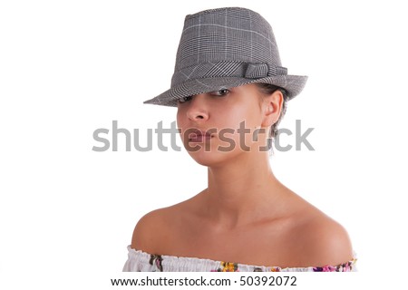 Close up portrait of a beautiful woman with hat, on a white background
