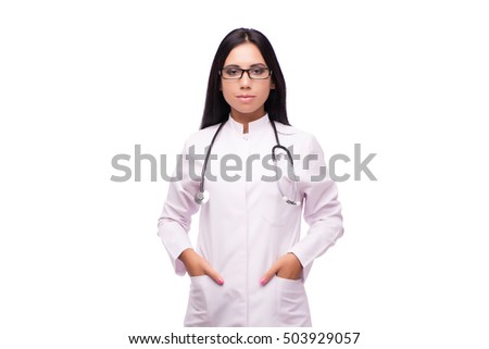 Young female doctor in medical concept isolated on white