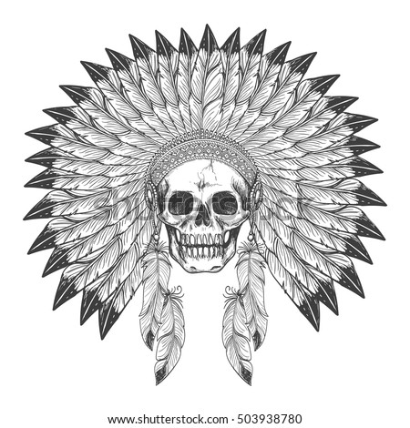 Native american indian apache skull with indian feather headdress vector illustration