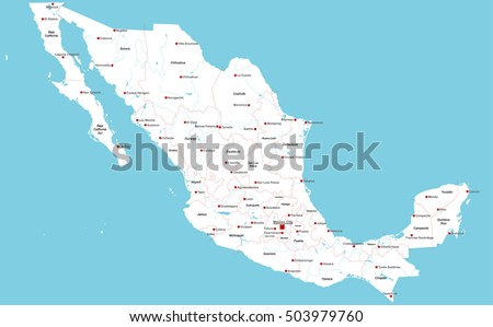 Large and detailed map of Mexico with regions and main cities Royalty-Free Stock Photo #503979760