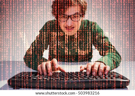 Nerdy guy close up with keyboard and red data flow and word virus on the foreground. Concept of internet security. Double exposure