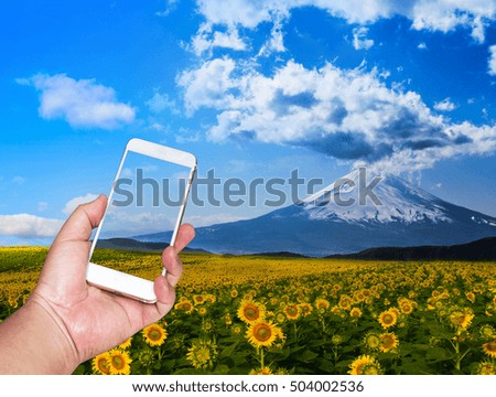 Hand holding a smart phone. A field of sunflowers with Mount Fuji in the background