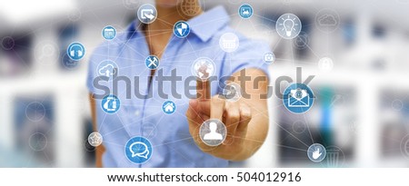 Businesswoman touching multimedia network with her finger 3D rendering