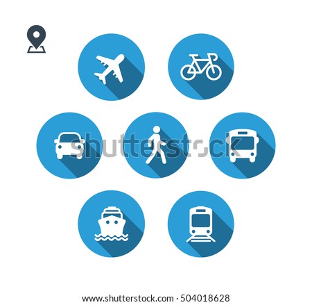 Transport icons. Walk man, Bike, Airplane, Public bus, Train, Ship/Ferry and auto signs. Shipping delivery symbol. Air mail delivery sign. Flat shadow. Vector