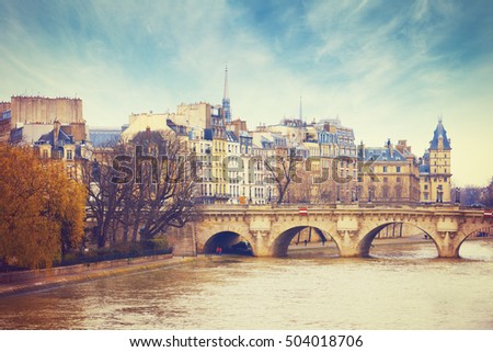 Pont Neuf in central Paris, France.  The Pont Neuf  is the oldest standing bridge across the river Seine in Paris.
