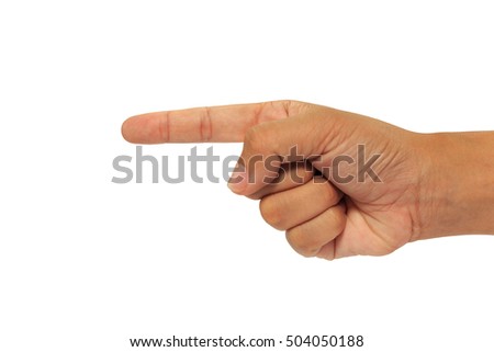Woman's hand points a finger at something isolated on white background. 