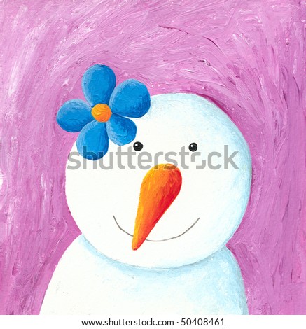 Acrylic illustration of cute snowman with blue flower