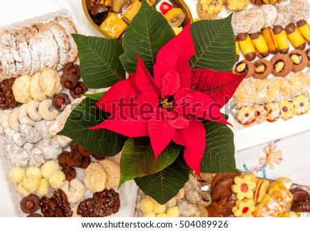 Czech traditional homemade sweets for festive occasions as a Christmas, birthday, easter, Valentine day, Poinsettia flower or Christmas Star in middle of table