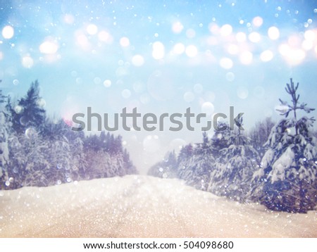 Dreamy and abstract magical winter landscape photo. Glitter overlay