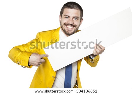 businessman in gold suit shows a place for your text