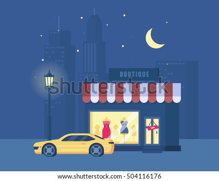 Vector illustration of boutique and sports car on the background of the city. Store building with a showcase. Night city, street light, starry sky. Trend modern flat pseudo volume style.