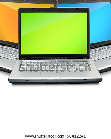 Open laptops showing keyboard and screen  isolated on white background