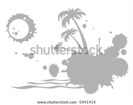 The grey stylized tropical island with waves and the moon on a white background.