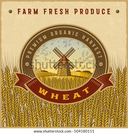 Vintage colorful wheat harvest label. Editable vector illustration in retro woodcut style with clipping mask.