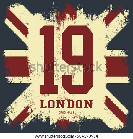 Vintage United Kingdom of Great Britain and Northern Ireland flag tee print vector design. Grunge Union Jack illustration. Premium quality number London t-shirt wear emblem and logo concept.