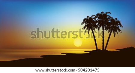 vector landscape illustration with beach and palm trees in sunset