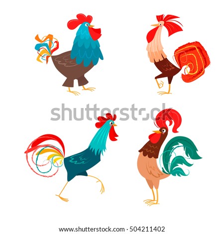 Four stylized roosters on a light background. Vector illustration of roosters, symbol of 2017 on the Chinese calendar. Element for New Year's design. Set of cartoon characters.