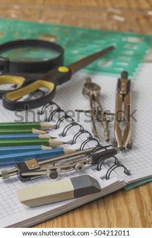Pencils and other supplies for drawing lessons at school