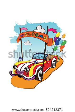 Car with balloons on the road, vector illustration.