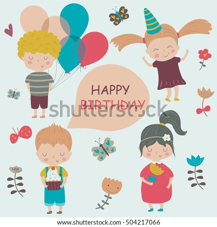 Birthday card with cute children, flowers, butterflies and balloons in cartoon style