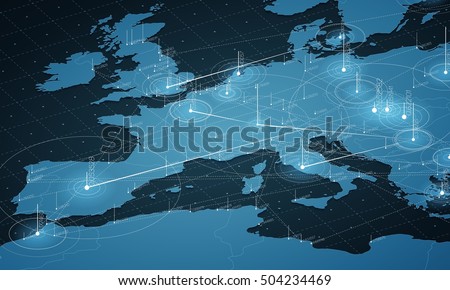 Europe map big data visualization. Futuristic map infographic. Information aesthetics. Visual data complexity. Complex europe data graphic visualization. Abstract data on map graph. Royalty-Free Stock Photo #504234469