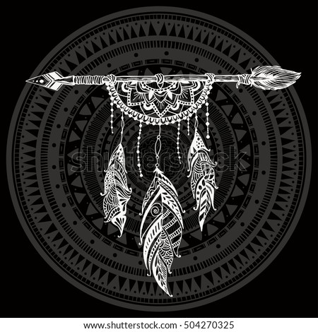 Dreamcatcher with feathers. Vector hand drawn illustration